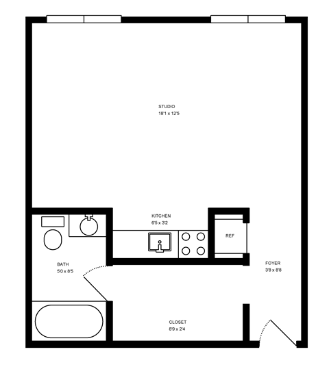 Floor plan for studio, 1 bath, 500 sqft